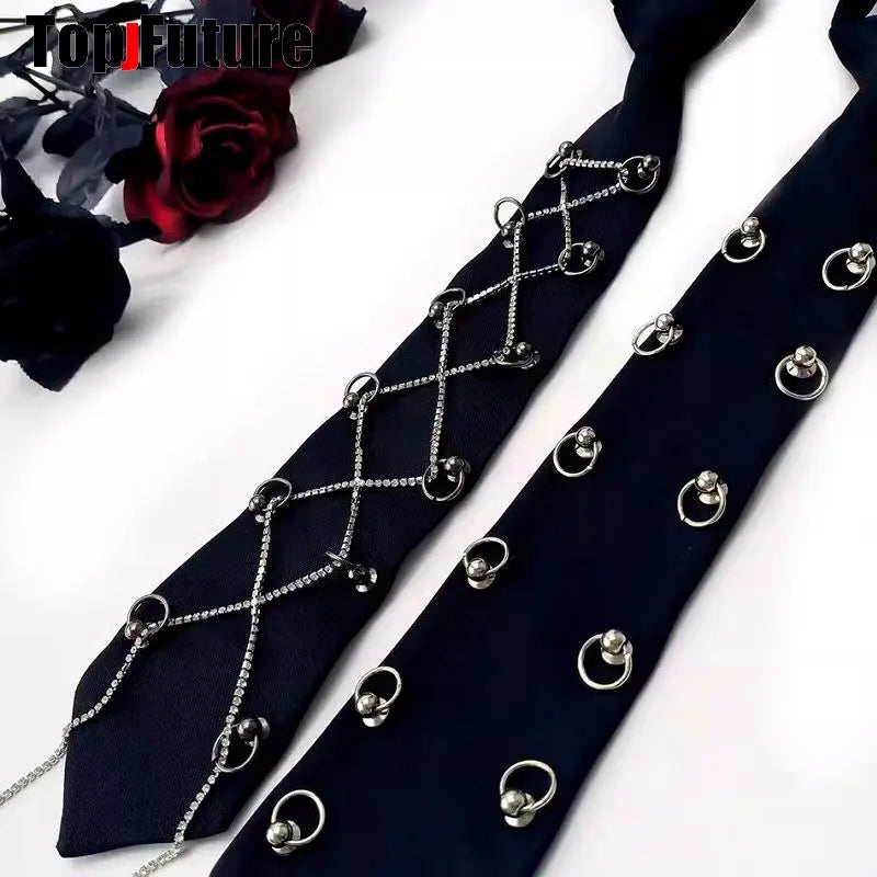 Women Men Y2K Girl Boy Gothic Harajuku Punk Steampunk Pre-Tied Ties rivet  Lengthened Student Uniform Necktie Accessories Tie